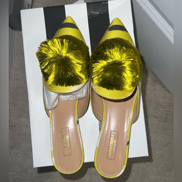 Size 41 - Aquazzura Powder Puff Pompom Lime Green/Yellow Mules - Picture 13 of 16